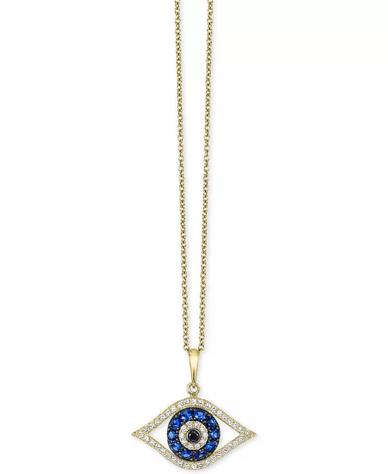 EFFY® Sapphire (1/4 Ct. T.W.) and Black and White Diamond (1/8 Ct. T.W.) Evil Eye Pendant in 14K Gold
