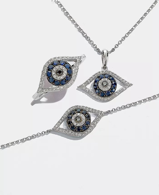 EFFY® Sapphire (1/4 Ct. T.W.) and Black and White Diamond (1/8 Ct. T.W.) Evil Eye Pendant in 14K Gold
