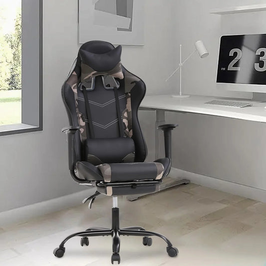 Camo Gaming Office Chair - Ergonomic PU Leather W/Lumbar Support & Footrest,Rolling Swivel