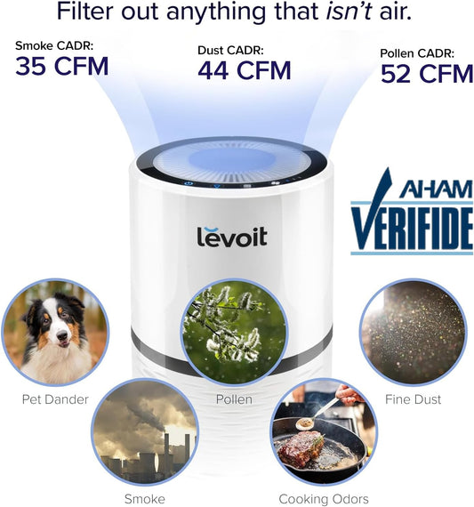 Air Purifiers for Home, AHAM VERIFIDE, High-Efficiency Filter for Smoke, Dust, Pollen, and Odors in Bedroom, Office, or Nursery, Optional Night Light, Quiet Operation, LV-H132, White