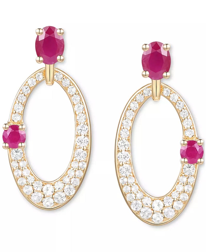 Ruby (5/8 Ct. T.W.) & Diamond (1/3 Ct. T.W.) Oval Doorknocker Drop Earrings in 14K Gold (Also Available in Emerald & Sapphire)