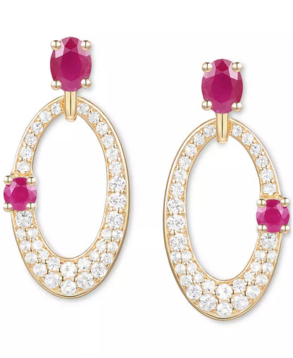 Ruby (5/8 Ct. T.W.) & Diamond (1/3 Ct. T.W.) Oval Doorknocker Drop Earrings in 14K Gold (Also Available in Emerald & Sapphire)