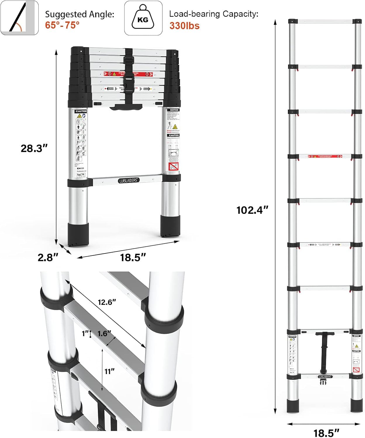 Telescoping Ladder,  8.5Ft Extension Ladder Telescopic Stepladder One-Button Retraction 330Lbs Max Capacity, Multi Position RV Ladder for Indoor & Outdoor Work