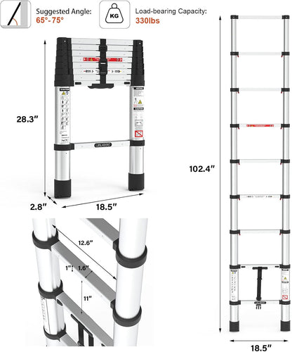 Telescoping Ladder,  8.5Ft Extension Ladder Telescopic Stepladder One-Button Retraction 330Lbs Max Capacity, Multi Position RV Ladder for Indoor & Outdoor Work