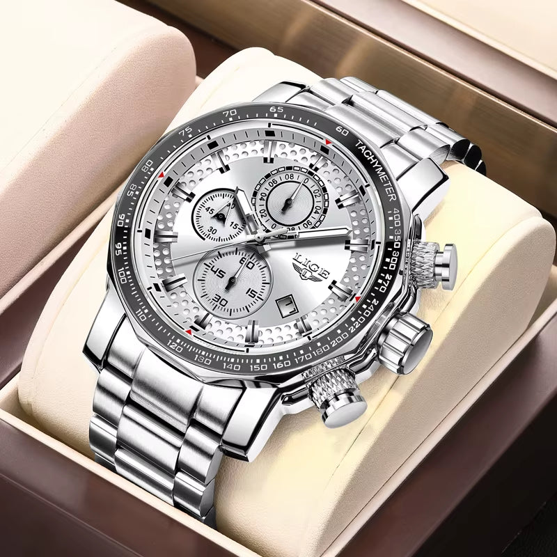 Men'S Watches Chronograph Stainless Steel Waterproof Business Multi-Functional Original Exclusive Wristwatch for Men+Box