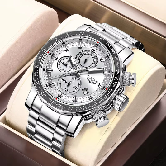 Men'S Watches Chronograph Stainless Steel Waterproof Business Multi-Functional Original Exclusive Wristwatch for Men+Box