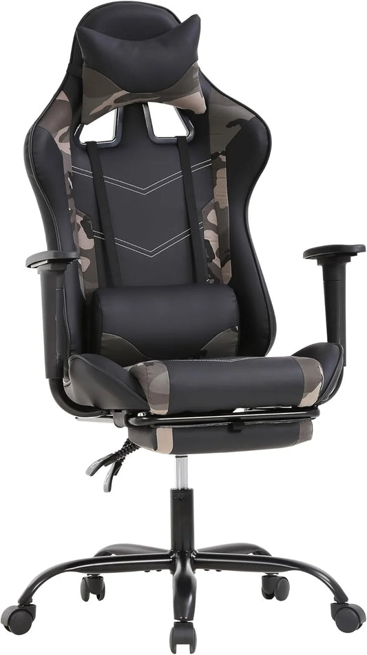 Camo Gaming Office Chair - Ergonomic PU Leather W/Lumbar Support & Footrest，Rolling Swivel