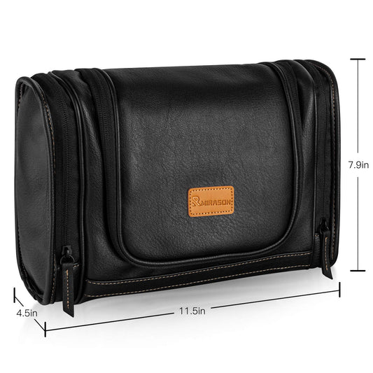 Travel Toiletry Bag, Hanging Toiletry Bag for Men, Leather Travel Shower Bag for Toiletries Dopp Kit Bathroom Bag with Metal Hook Gift for Men (Black)