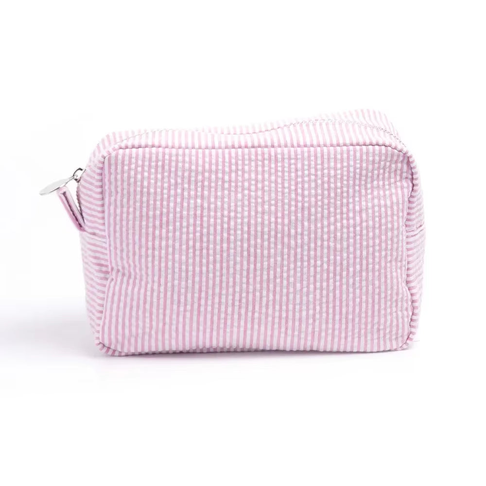 Seersucker Ruffle Cosmetic Bags Pink/Purple Striped Storage Make up Bags for Women Lady with Zipper Travel Bag Makeup Bag