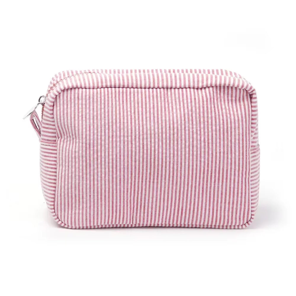 Seersucker Ruffle Cosmetic Bags Pink/Purple Striped Storage Make up Bags for Women Lady with Zipper Travel Bag Makeup Bag