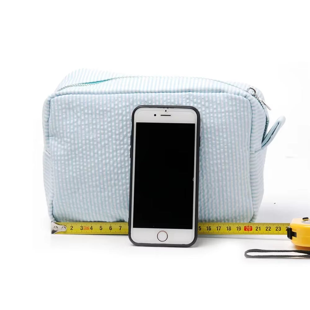 Seersucker Ruffle Cosmetic Bags Pink/Purple Striped Storage Make up Bags for Women Lady with Zipper Travel Bag Makeup Bag