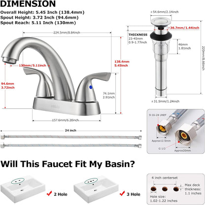 2-Handle Bathroom Sink Faucet with Drain Assembly and Supply Hose Lead-Free Cupc Lavatory Faucet Mixer Double Handle Tap Deck Mounted Brushed Nickel,13598