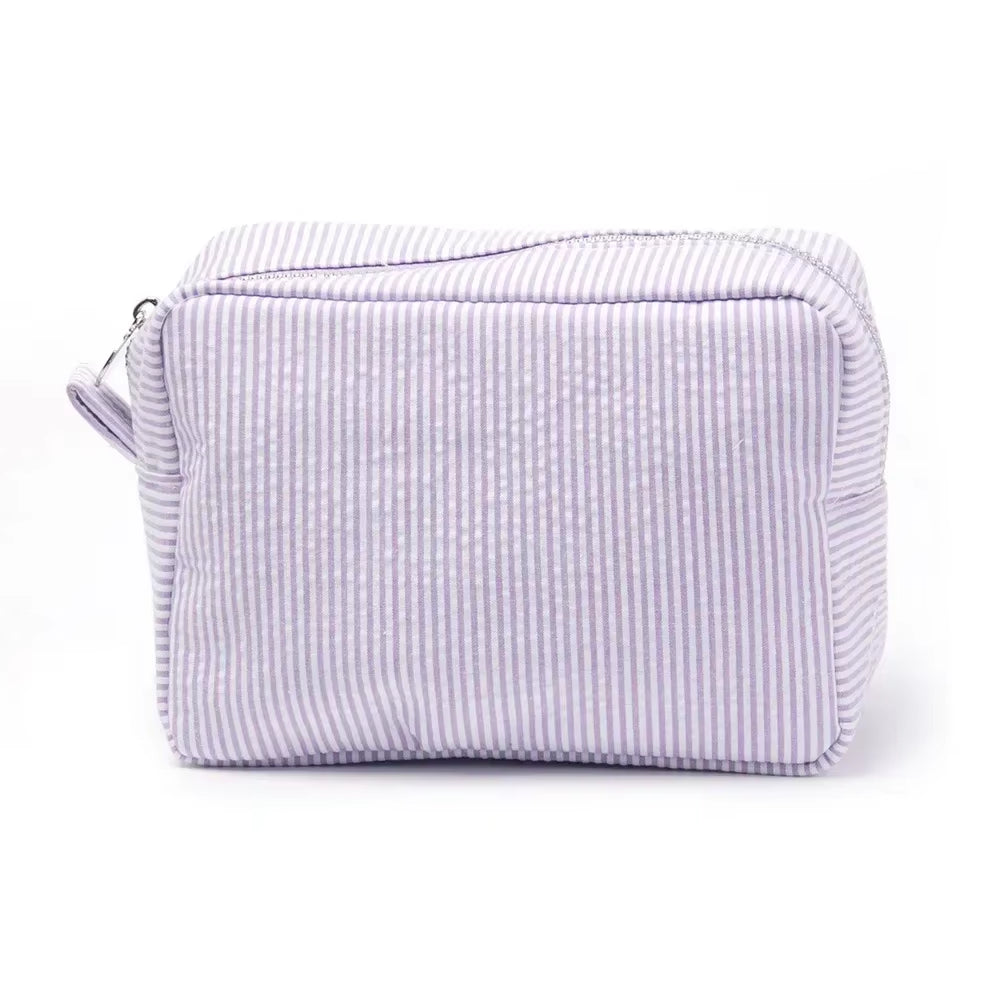 Seersucker Ruffle Cosmetic Bags Pink/Purple Striped Storage Make up Bags for Women Lady with Zipper Travel Bag Makeup Bag
