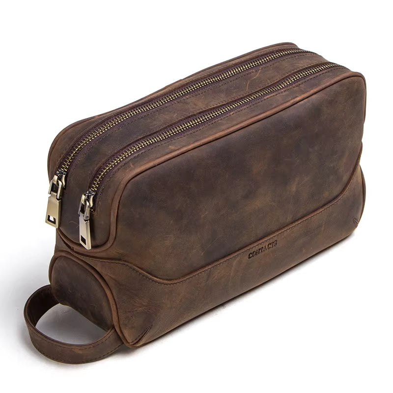 CONTACT'S Crazy Horse Genuine Leather Men'S Cosmetic Bag Male Toiletry Bag Vintage Wash Bags Man'S Make up Bags Travel Organizer