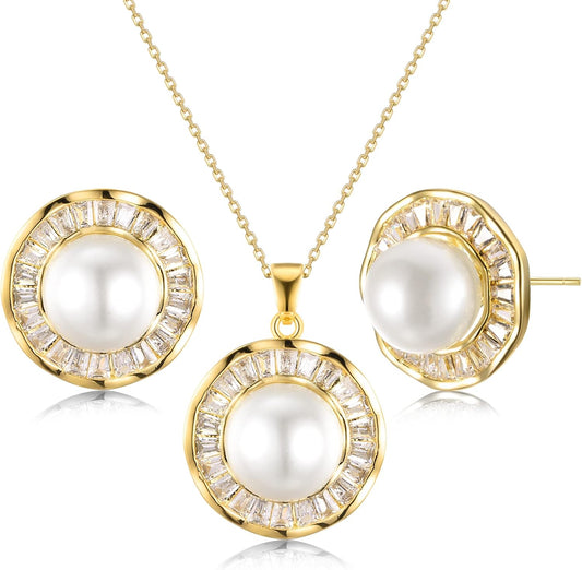 Pearl Wedding Necklace and Earrings 14K Gold Plated Sunflower Jewelry Set for Women & Bridesmaids You Are My Sunshine Shiny Cubic Zirconia Chain Length 18"+2" Extender (A)