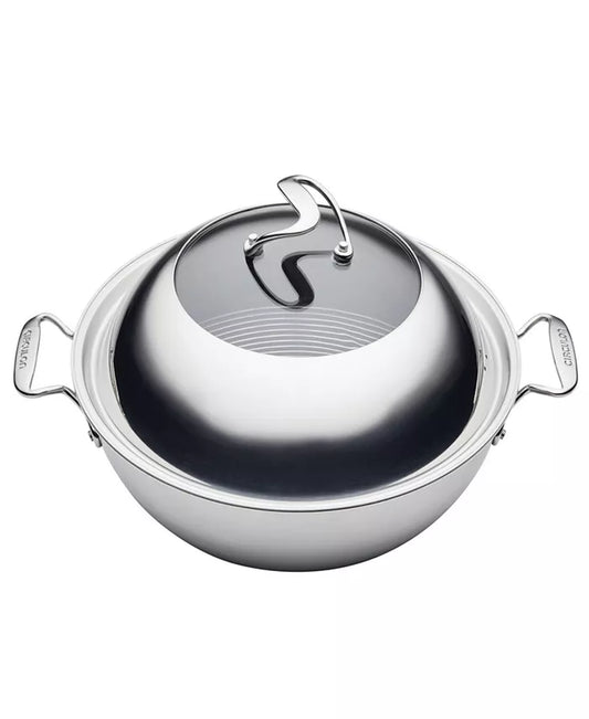 Clad Stainless Steel 14" Induction Wok with Glass Lid and Hybrid Steelshield and Non-Stick Technology