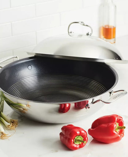 Clad Stainless Steel 14" Induction Wok with Glass Lid and Hybrid Steelshield and Non-Stick Technology