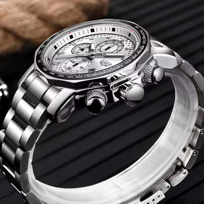 Men'S Watches Chronograph Stainless Steel Waterproof Business Multi-Functional Original Exclusive Wristwatch for Men+Box