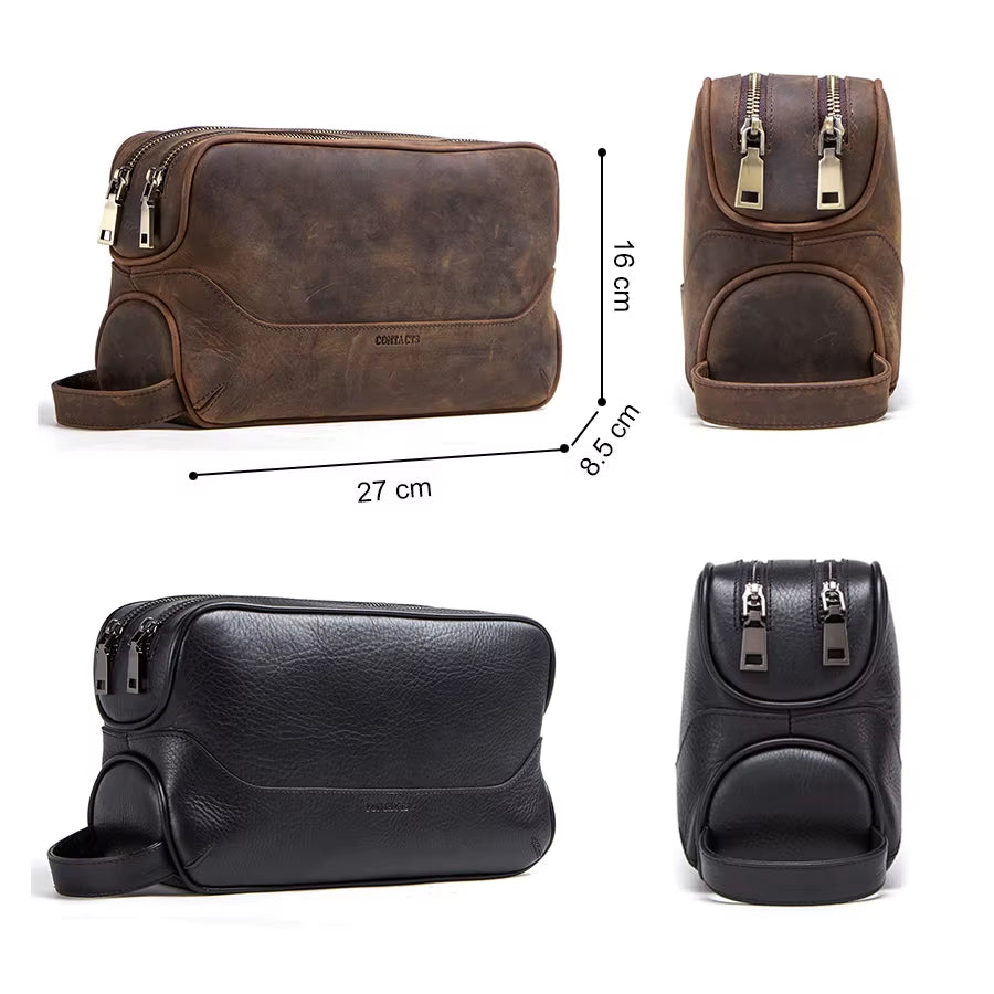 CONTACT'S Crazy Horse Genuine Leather Men'S Cosmetic Bag Male Toiletry Bag Vintage Wash Bags Man'S Make up Bags Travel Organizer