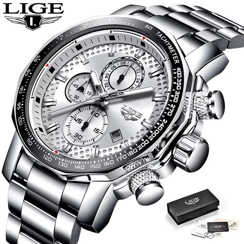 Men'S Watches Chronograph Stainless Steel Waterproof Business Multi-Functional Original Exclusive Wristwatch for Men+Box