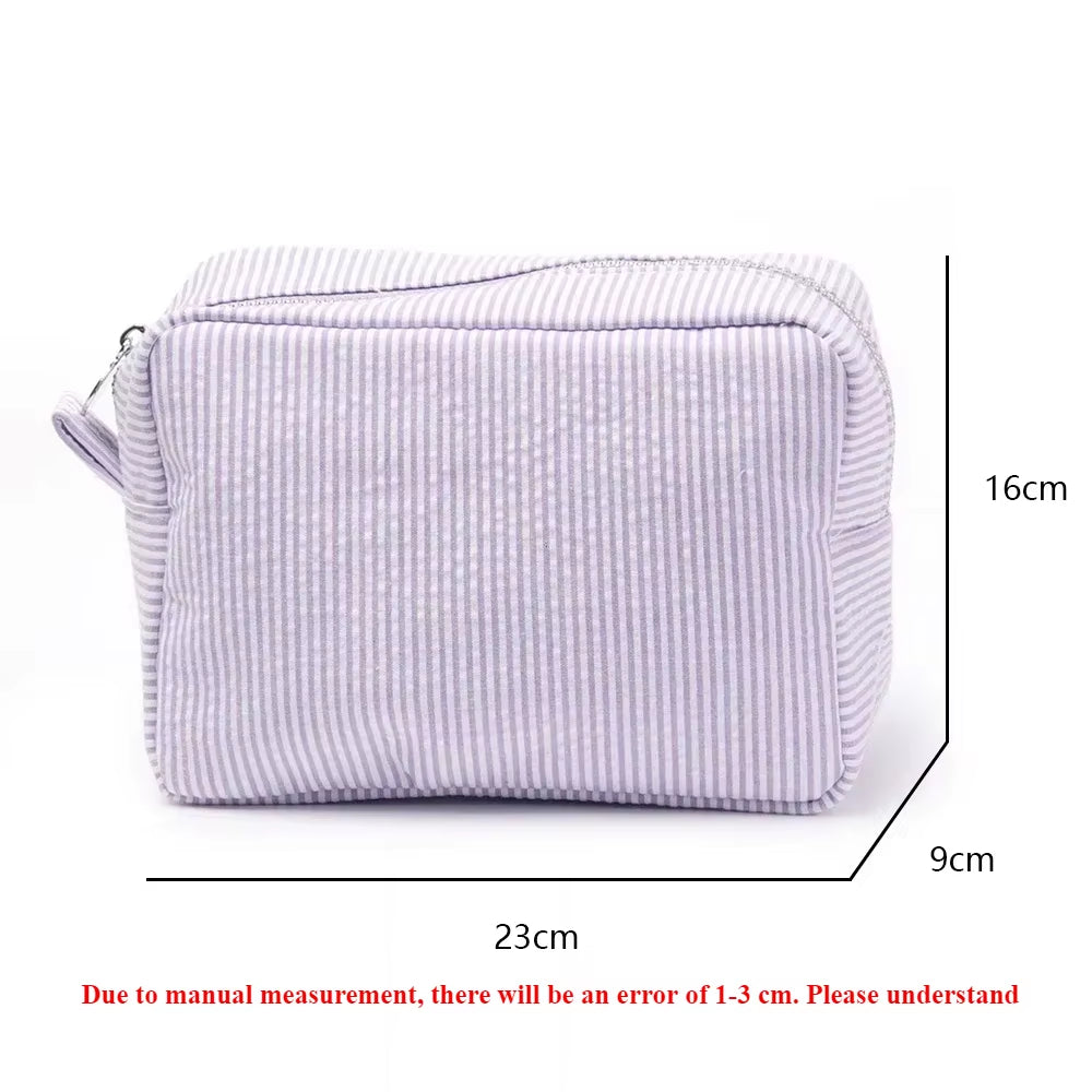 Seersucker Ruffle Cosmetic Bags Pink/Purple Striped Storage Make up Bags for Women Lady with Zipper Travel Bag Makeup Bag