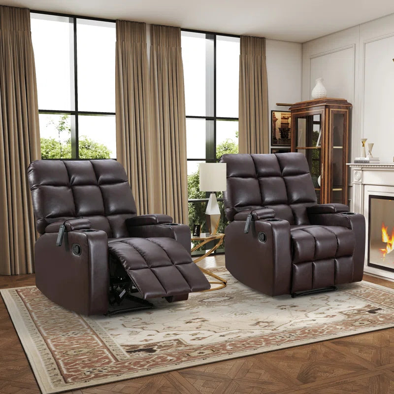 33.5" Wide Modern Faux Leather Soft Backrest Manual Release Recliner Chair with Massage & Storage & Cup Holder (Set of 2)