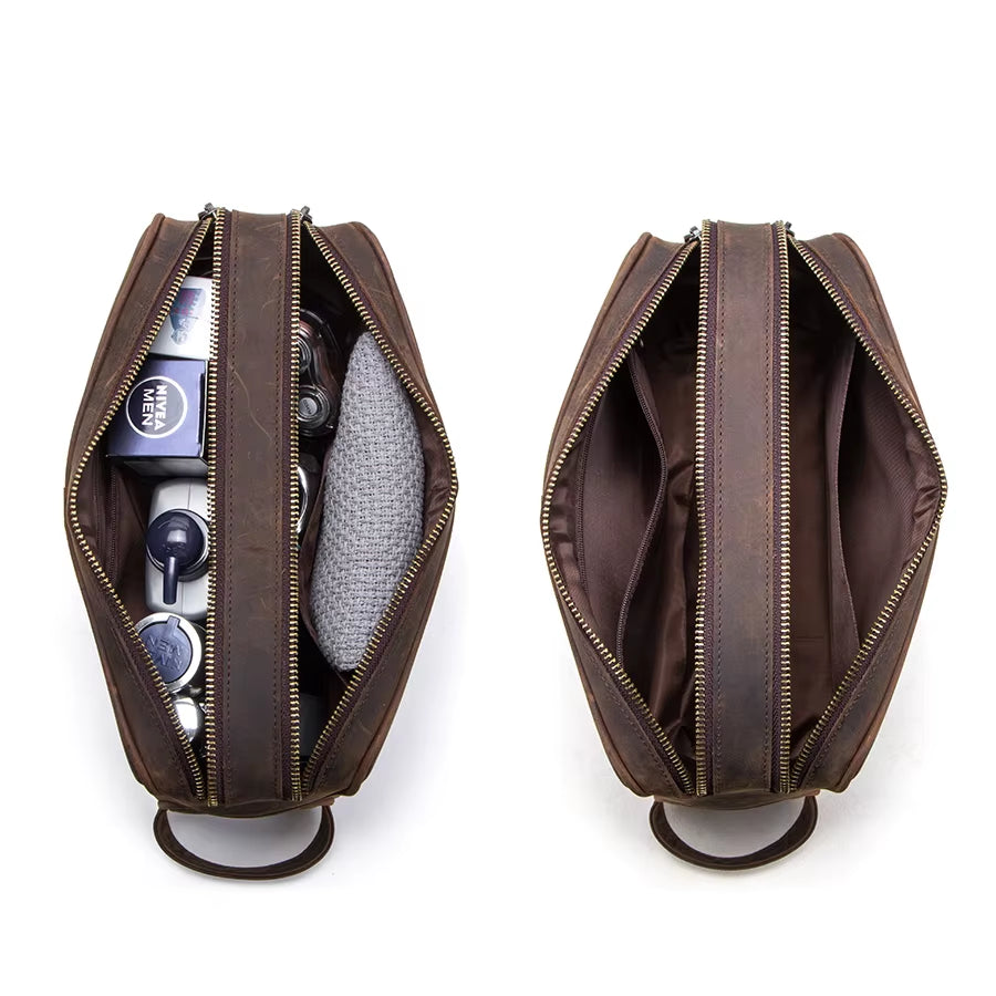 CONTACT'S Crazy Horse Genuine Leather Men'S Cosmetic Bag Male Toiletry Bag Vintage Wash Bags Man'S Make up Bags Travel Organizer