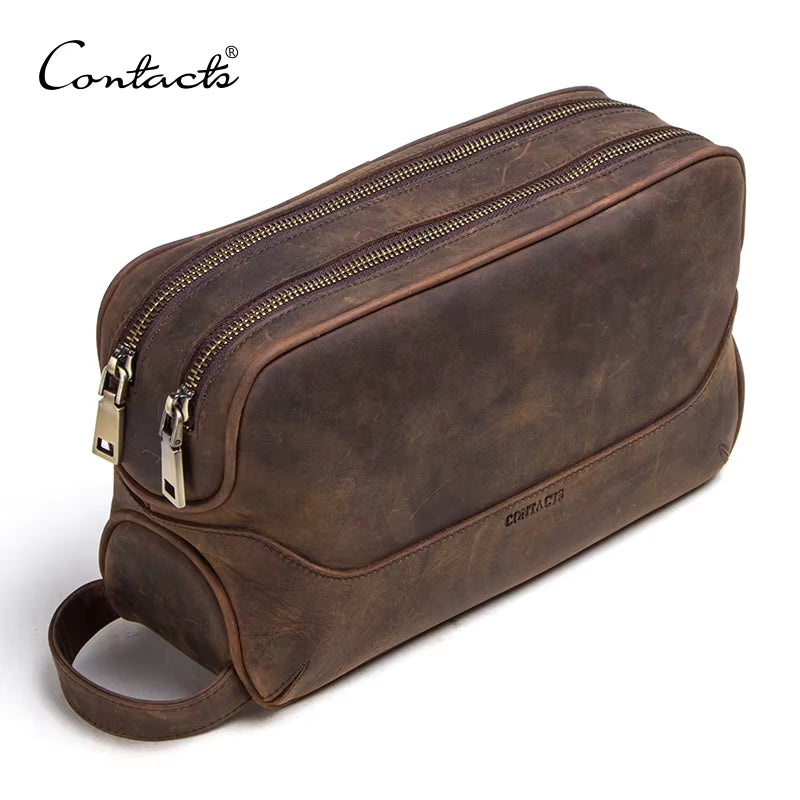 CONTACT'S Crazy Horse Genuine Leather Men'S Cosmetic Bag Male Toiletry Bag Vintage Wash Bags Man'S Make up Bags Travel Organizer