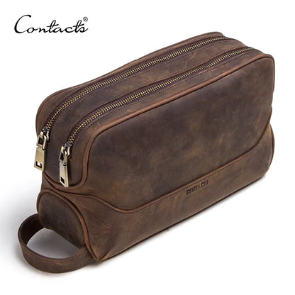 CONTACT'S Crazy Horse Genuine Leather Men'S Cosmetic Bag Male Toiletry Bag Vintage Wash Bags Man'S Make up Bags Travel Organizer