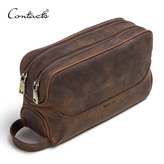 CONTACT'S Crazy Horse Genuine Leather Men'S Cosmetic Bag Male Toiletry Bag Vintage Wash Bags Man'S Make up Bags Travel Organizer